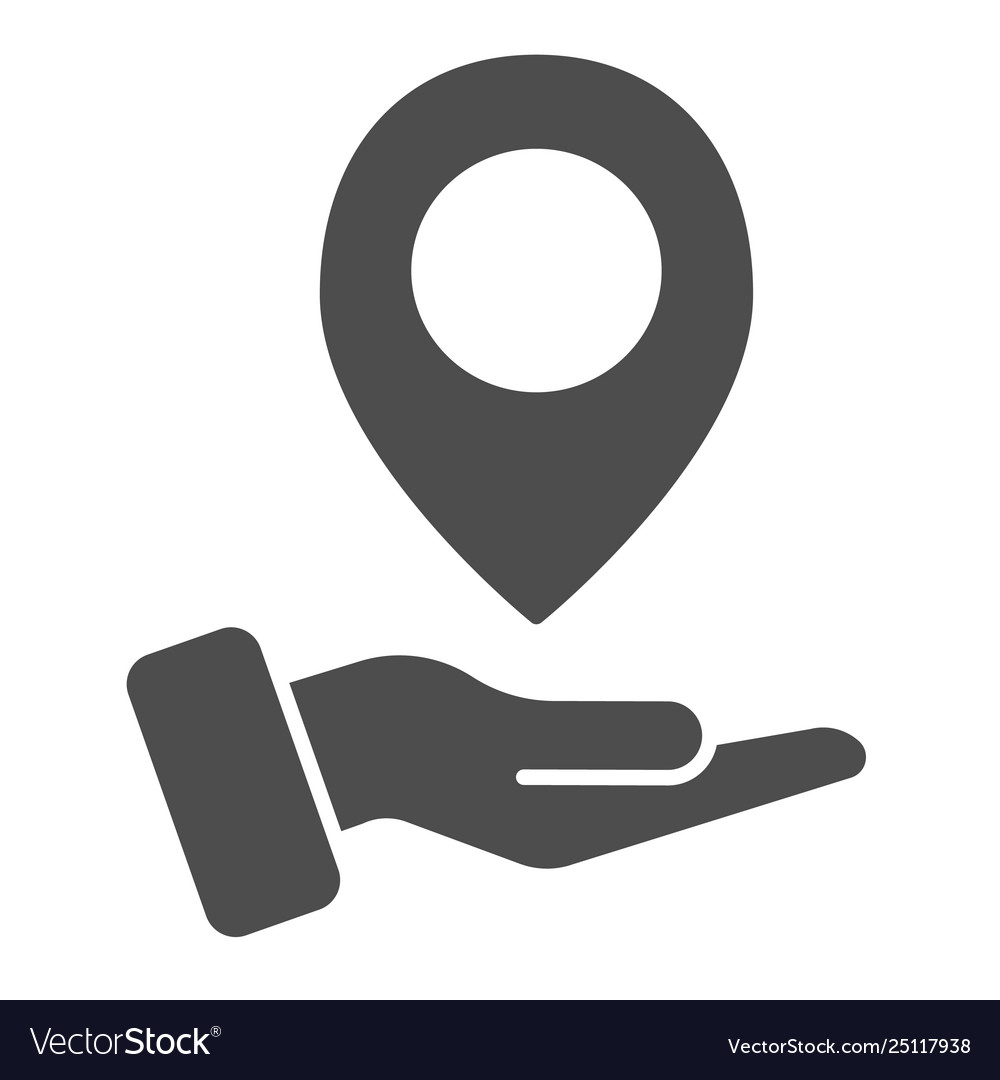 Hand holding map pin solid icon pointer vector image Hand holding map pin solid icon pointer