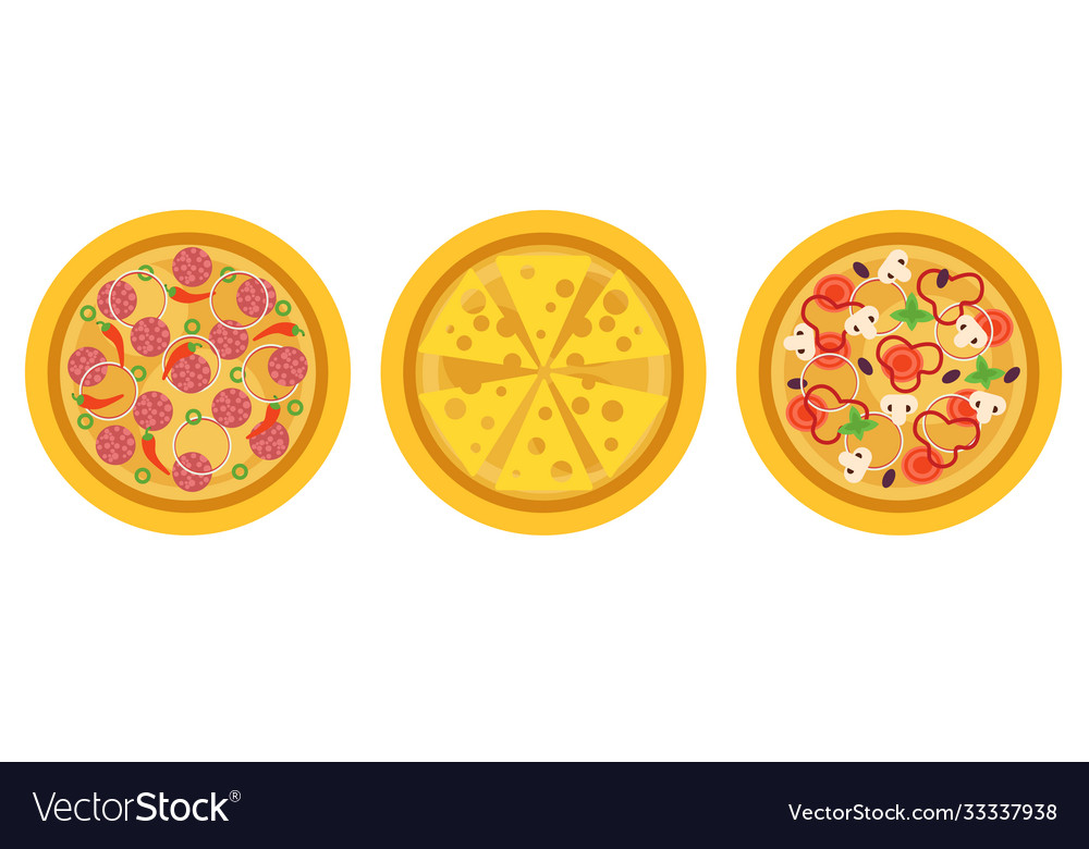 Hot and round tasty pizza top view set