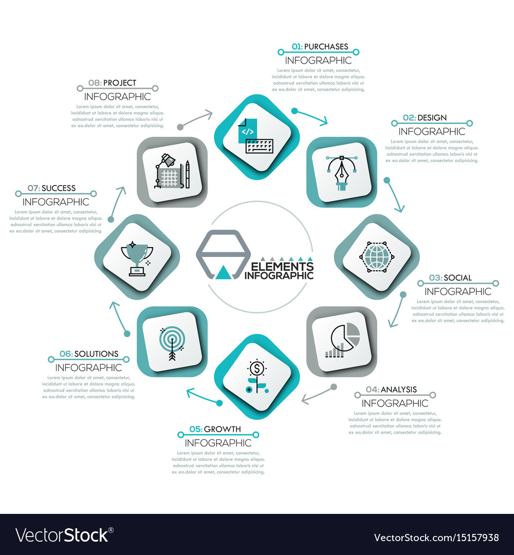 Round diagram 8 rectangular elements with icons Vector Image