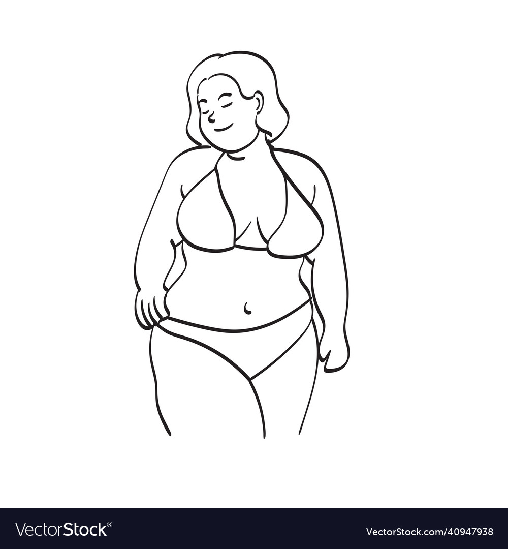 Smiling overweight young woman in swimsuit posing