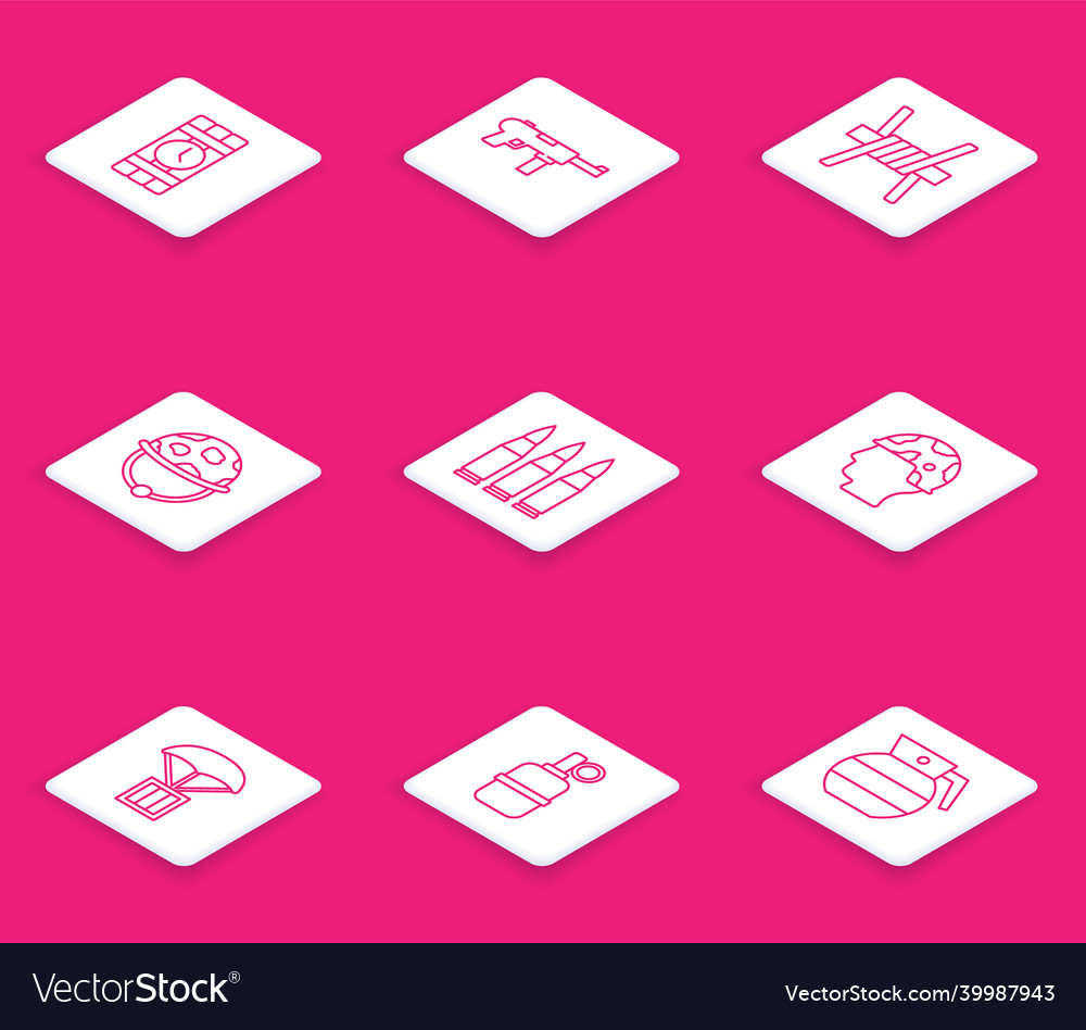 Set line dynamite and timer clock submachine gun vector image Set line dynamite and timer clock submachine gun