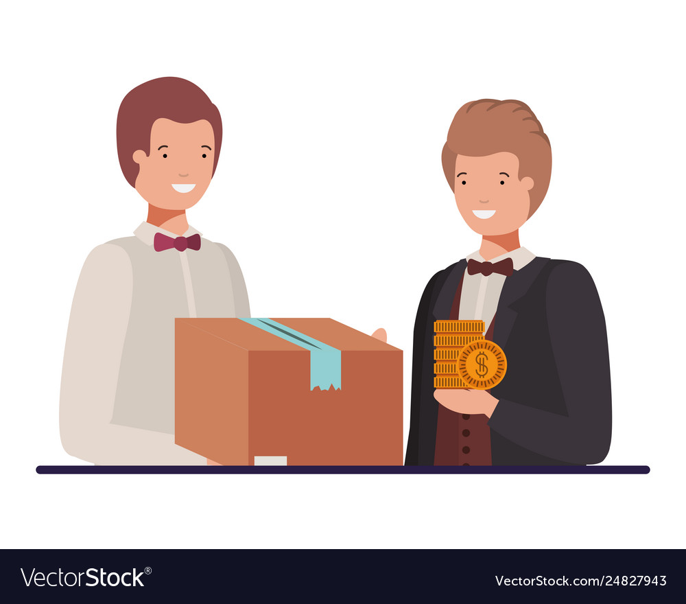 Young men with cardboard box and coins