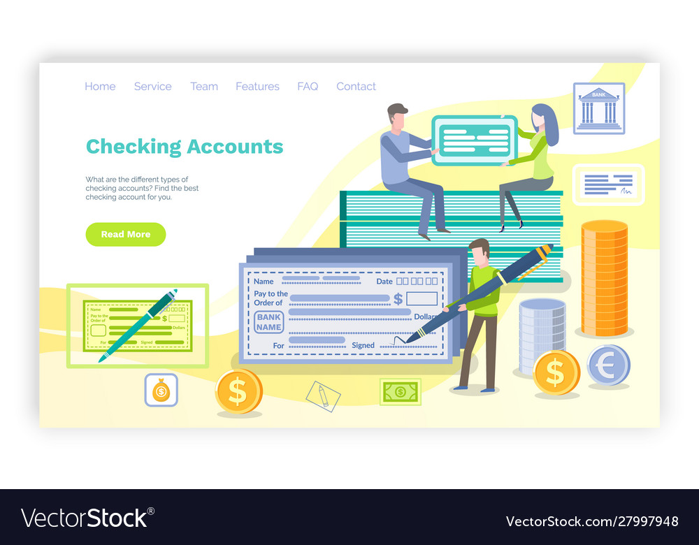 Checking accounts man signing check website web vector image Checking accounts man signing check website web