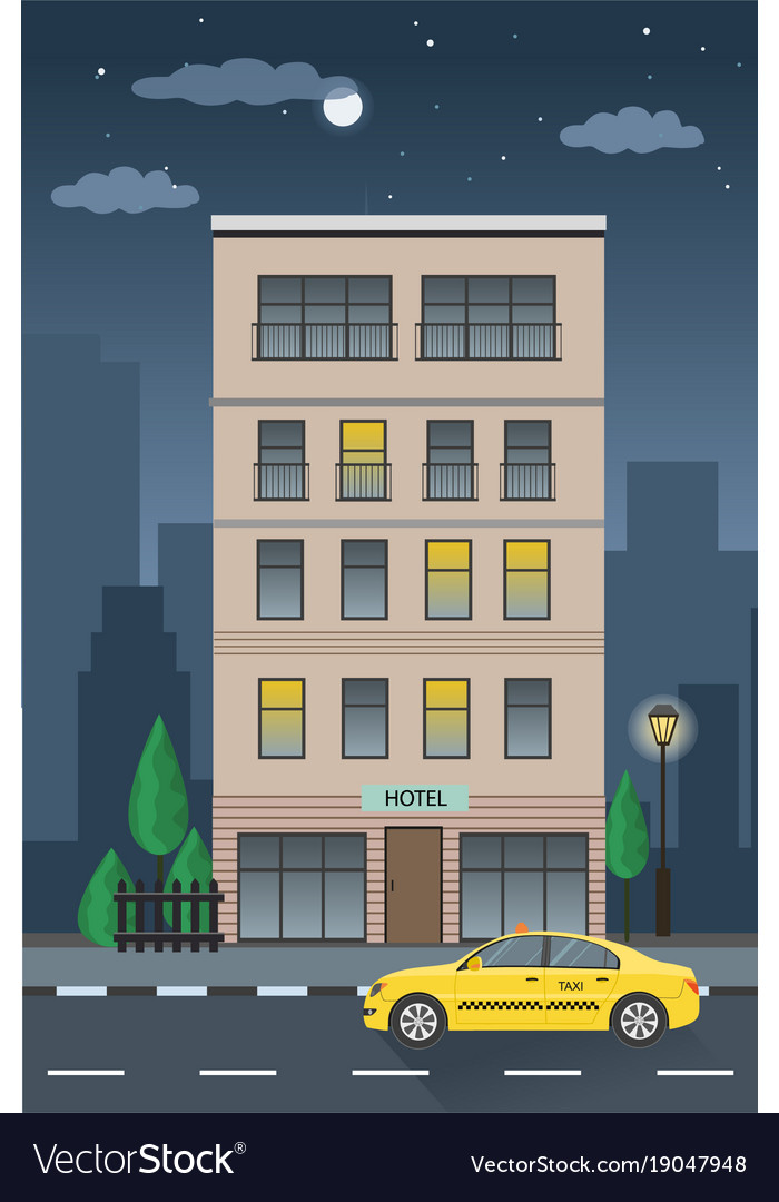 Hotel building and taxi service nighttime