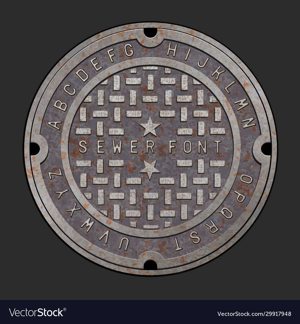 Rusty iron alphabet font realistic manhole cover