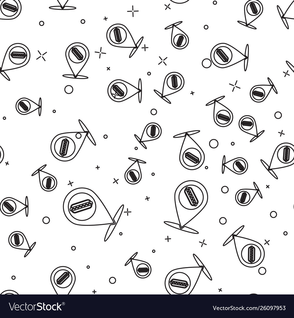 Black map pointer with fast food hotdog line icon