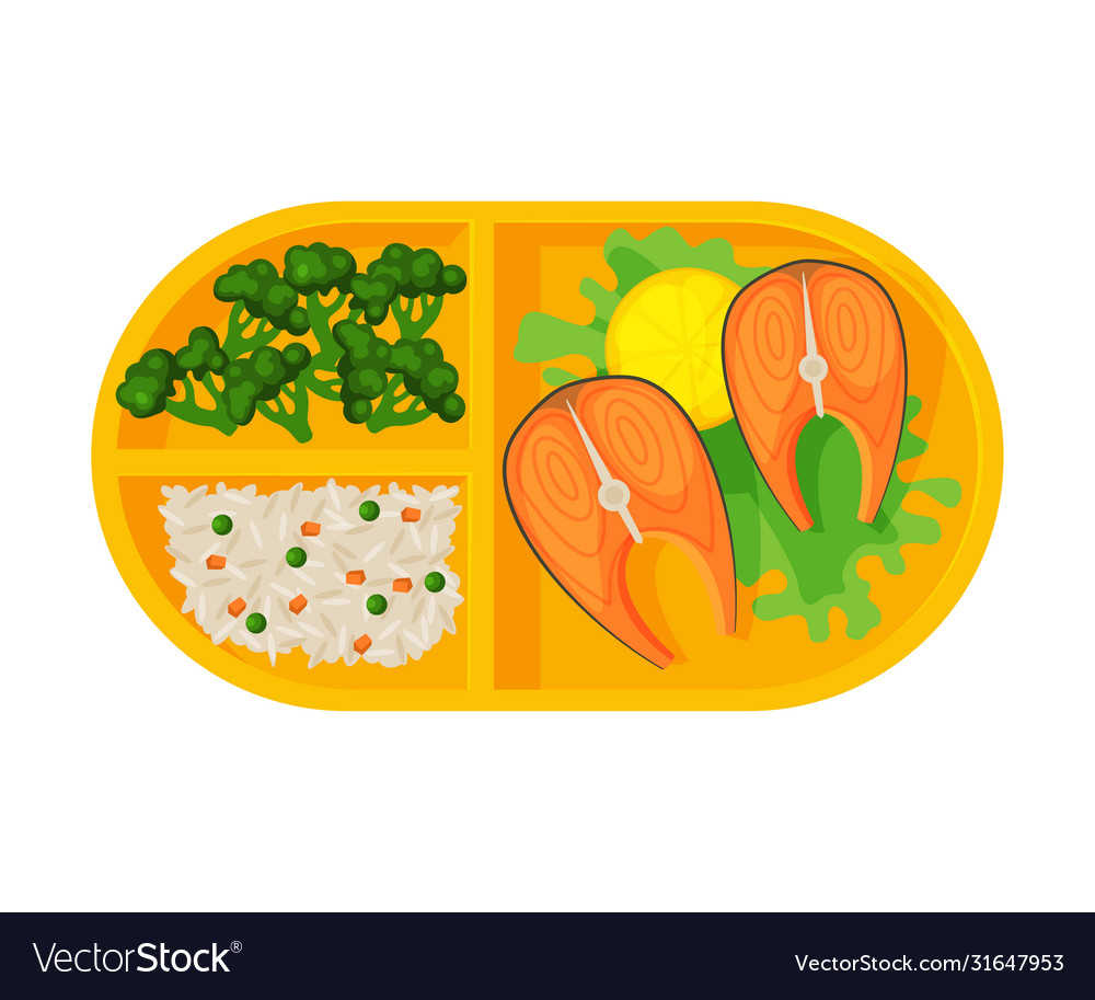 Meal tray filled with salmon fish broccoli