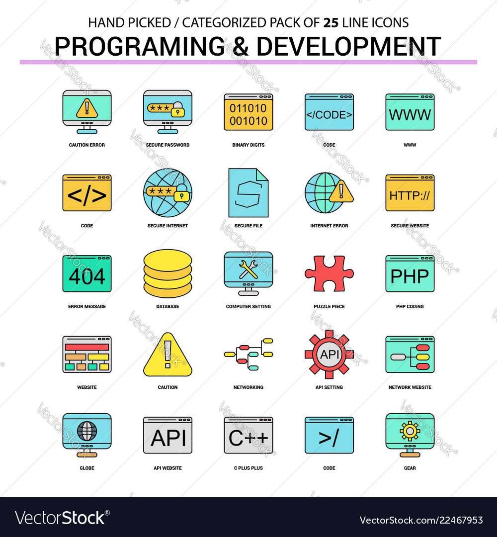 Programming and development flat line icon set vector image Programming and development flat line icon set