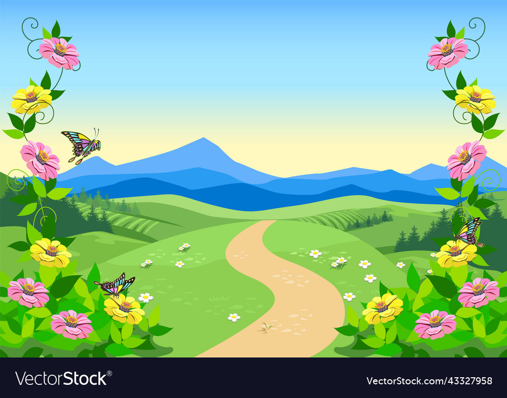 Fairytale valley in flowers Royalty Free Vector Image