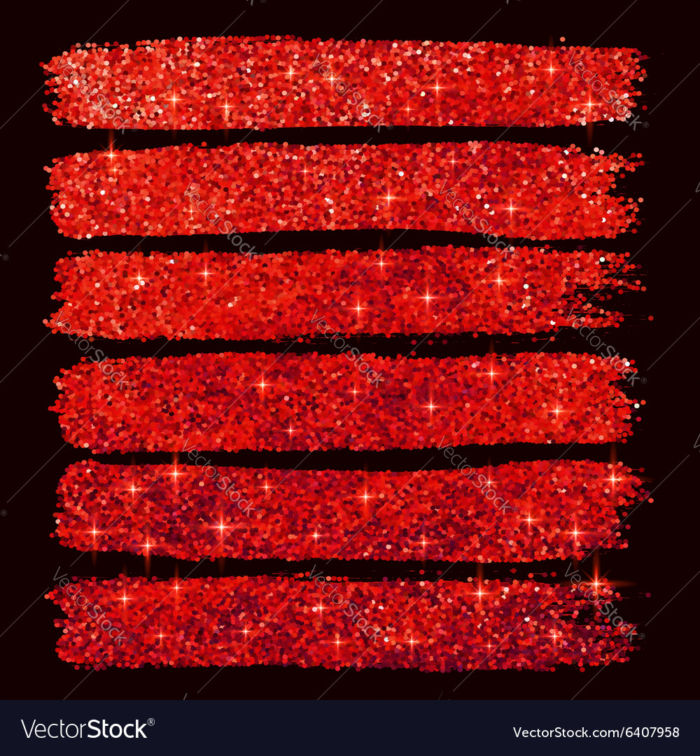 Red glitter brushstrokes set isolated at black Vector Image