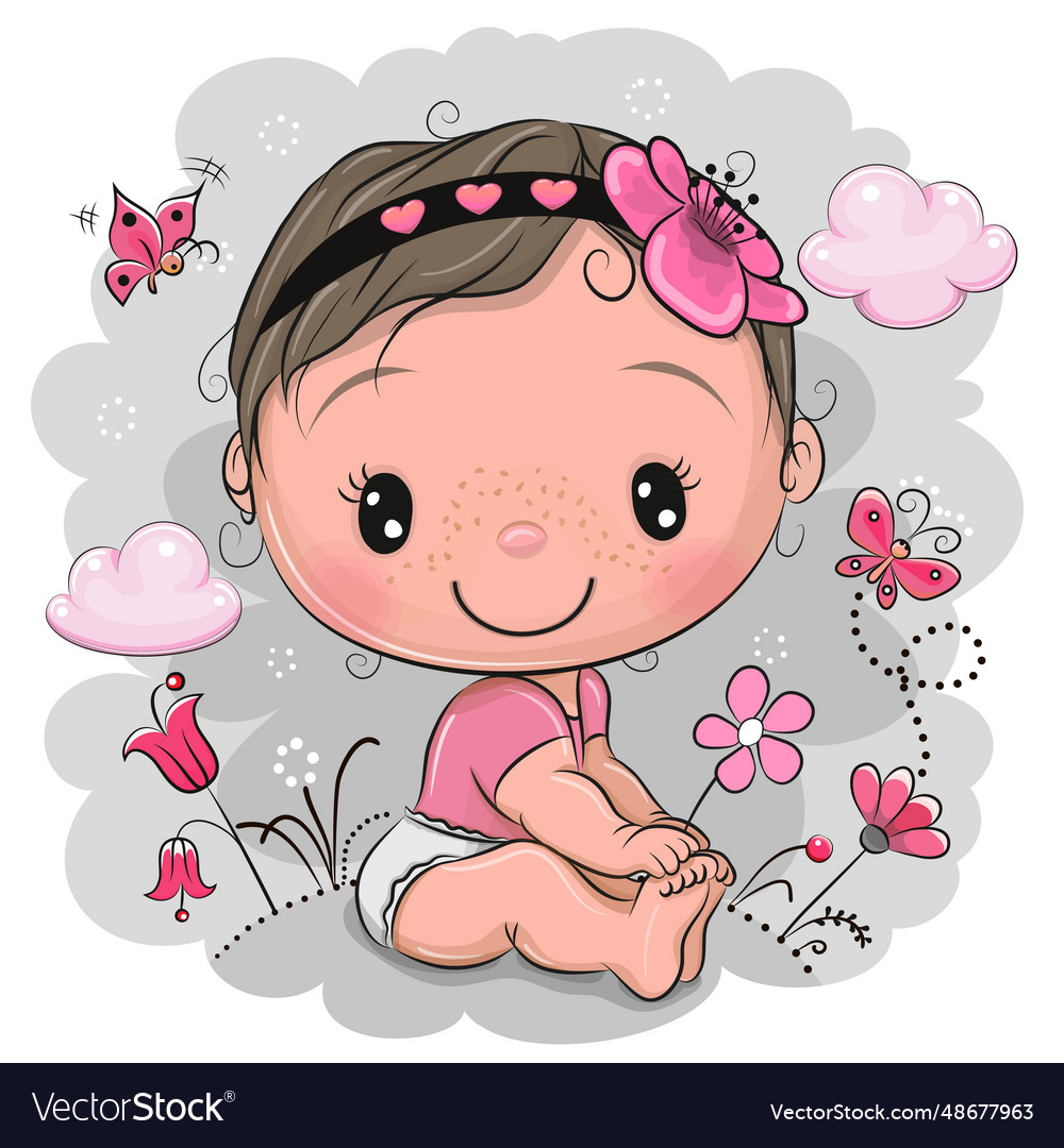 Cartoon baby girl with flower on the meadow Vector Image