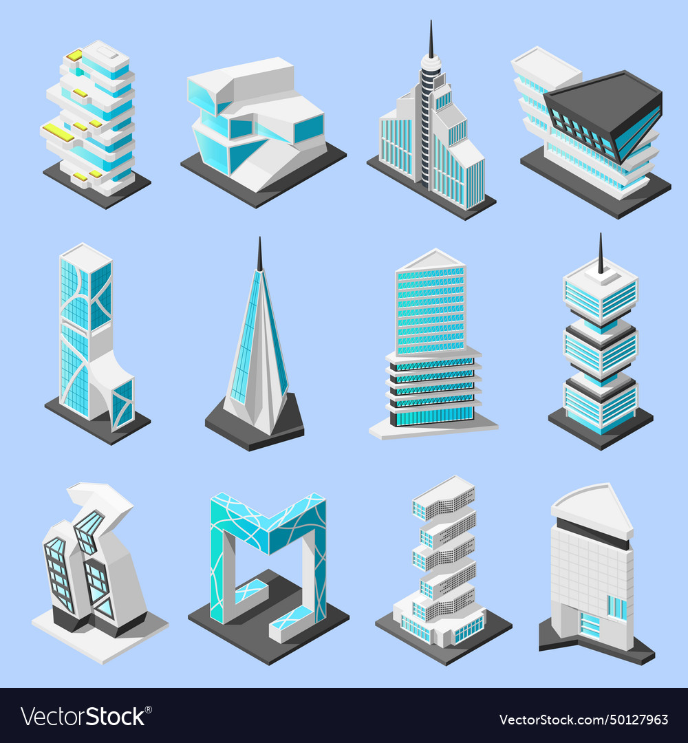 Futuristic architecture isometric set vector image Futuristic architecture isometric set