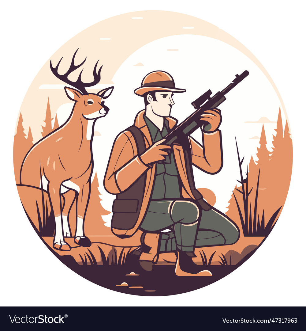 Hunter aims rifle at deer in forest vector image Hunter aims rifle at deer in forest