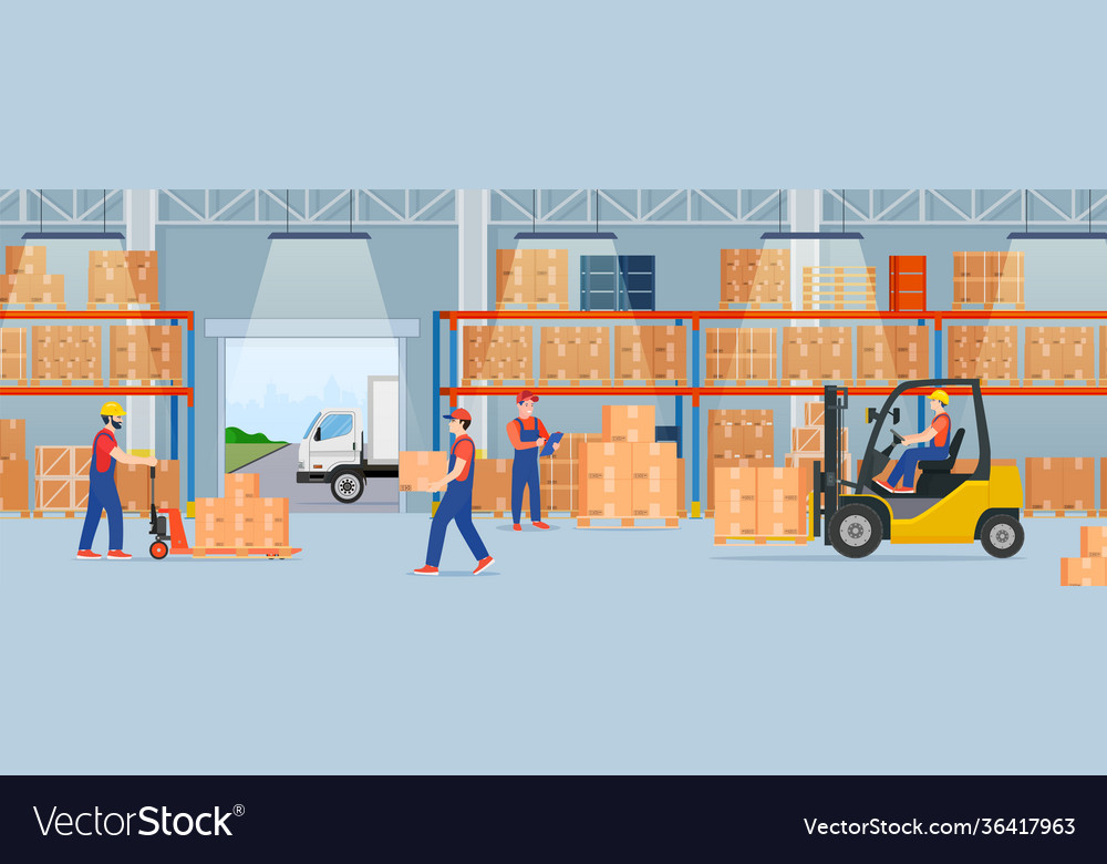 Warehouse with Boxes and Workers