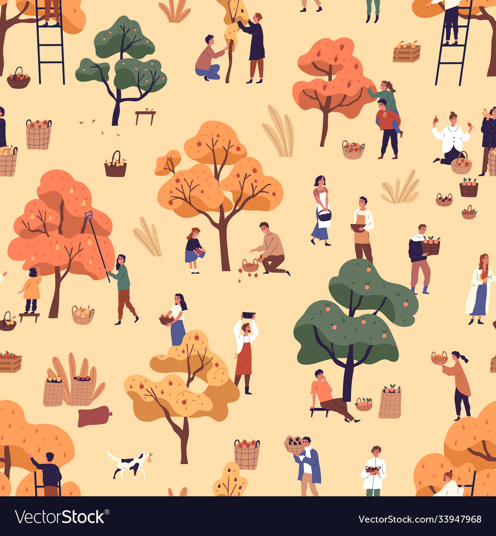 Happy people picking fruits seamless pattern