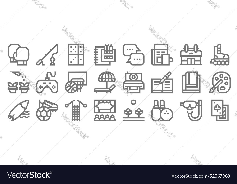 Hobbies line icons linear set quality vector image Hobbies line icons linear set quality