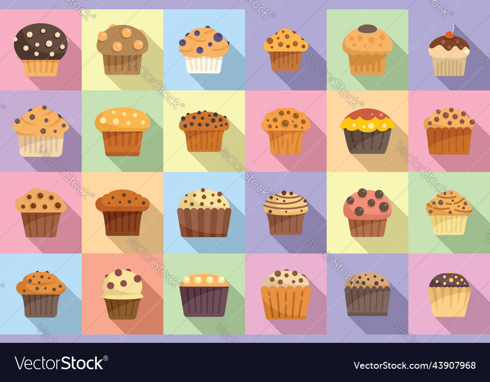 Muffin icons set flat bakery cake Royalty Free Vector Image
