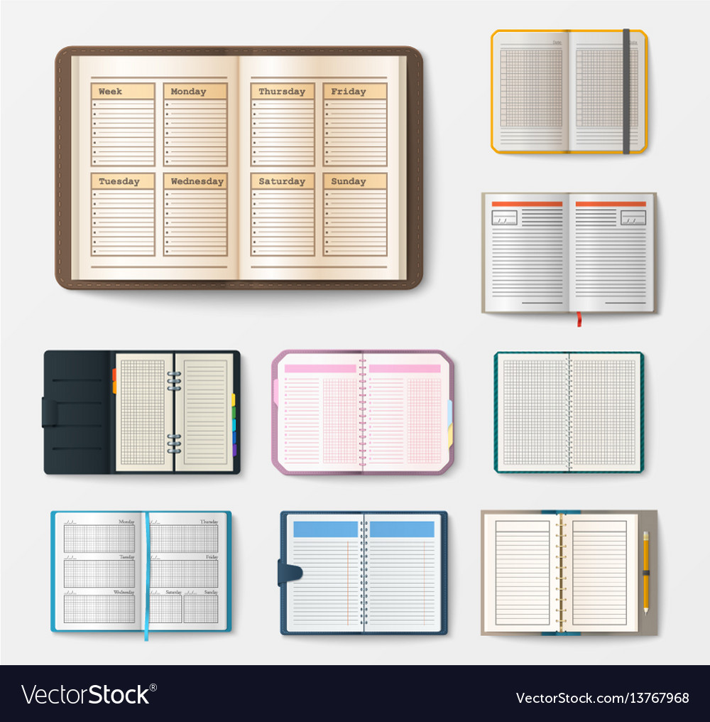 Set of open realistic notebooks with pages diary