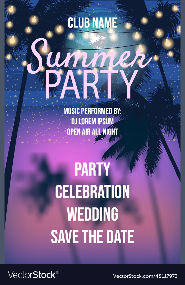 Summer Party Sunset Beach Template Design Palms Vector Image