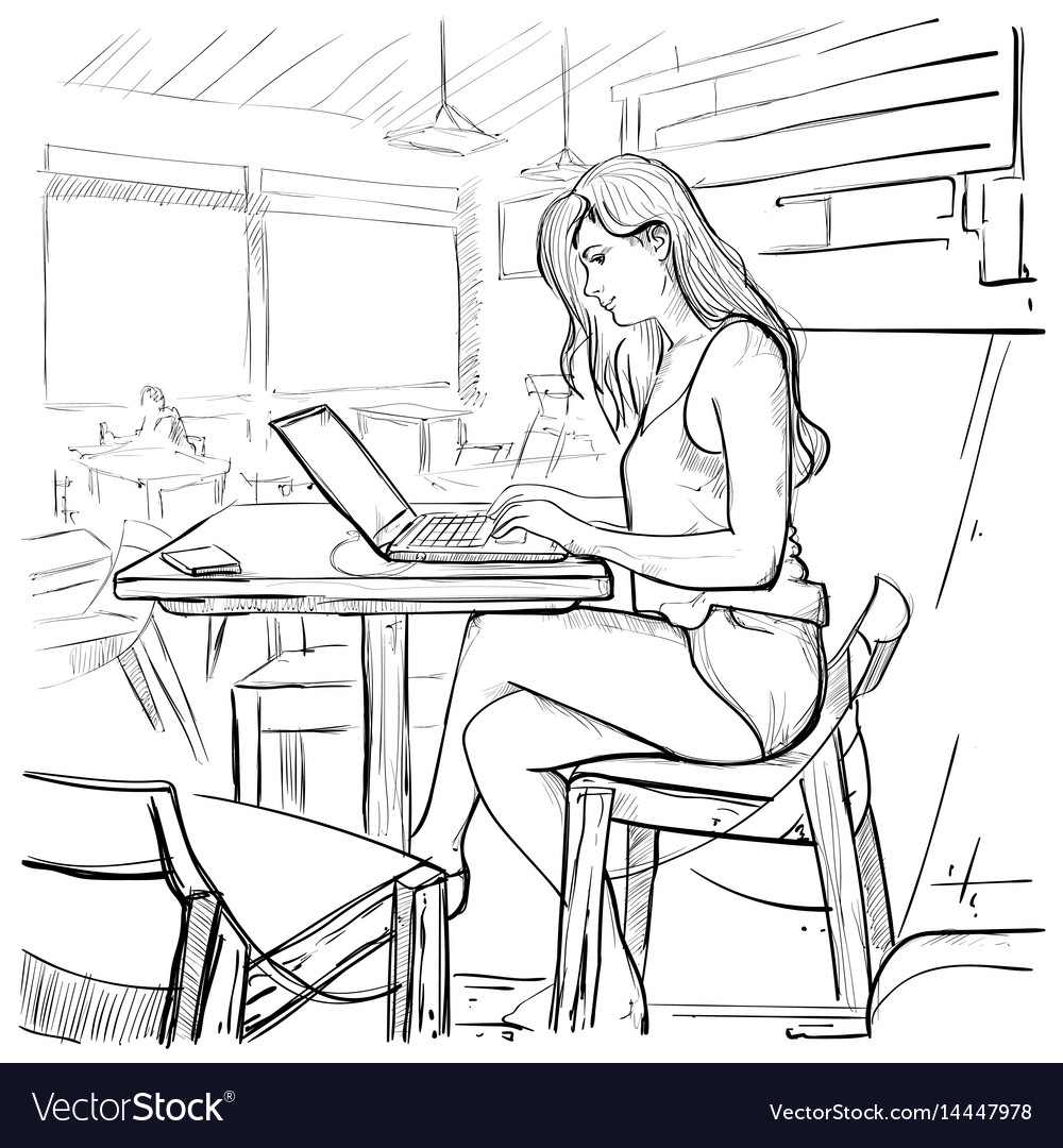 Girl typing on laptop computer sketch young woman Vector Image