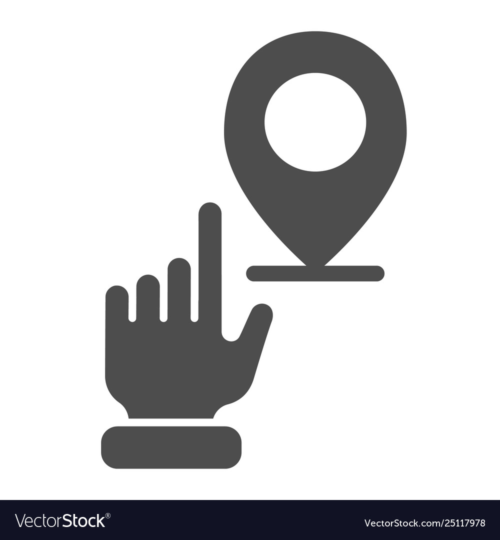 Hand pointing location solid icon with map vector image Hand pointing location solid icon with map