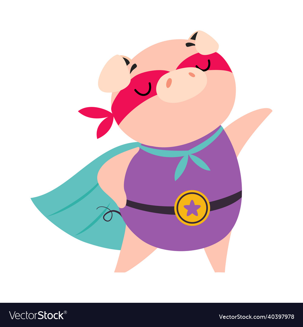 Pink pig superhero character in eye mask and cloak