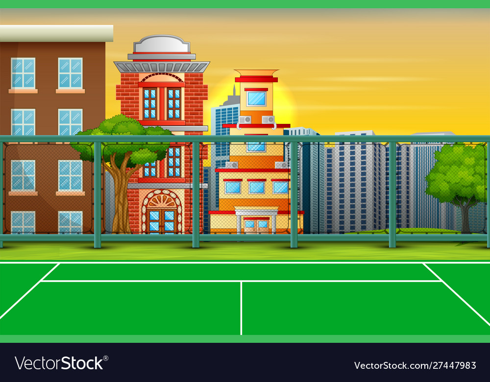 Cartoon background with sport field in city landsc