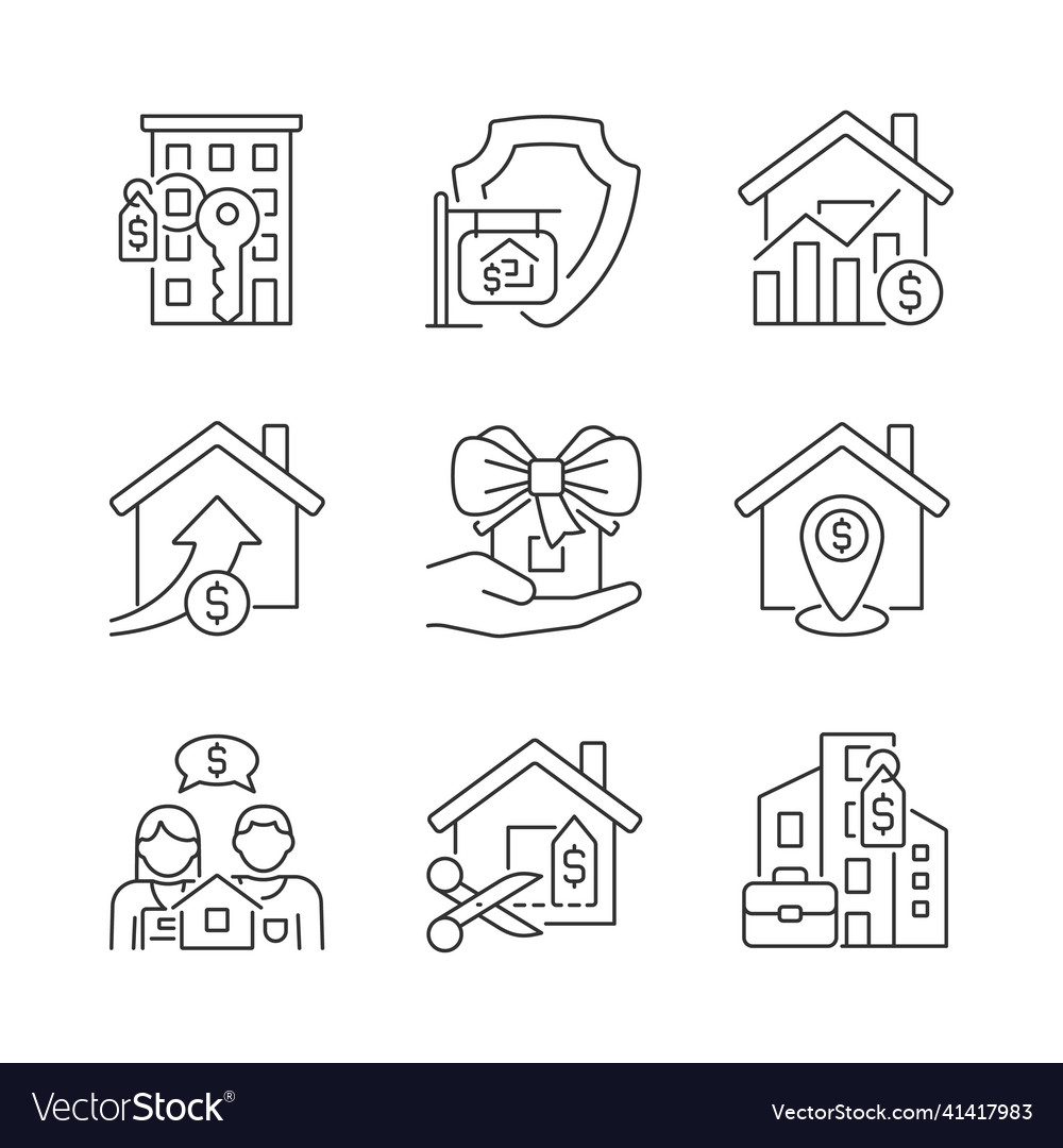 Immovable property purchasing linear icons set