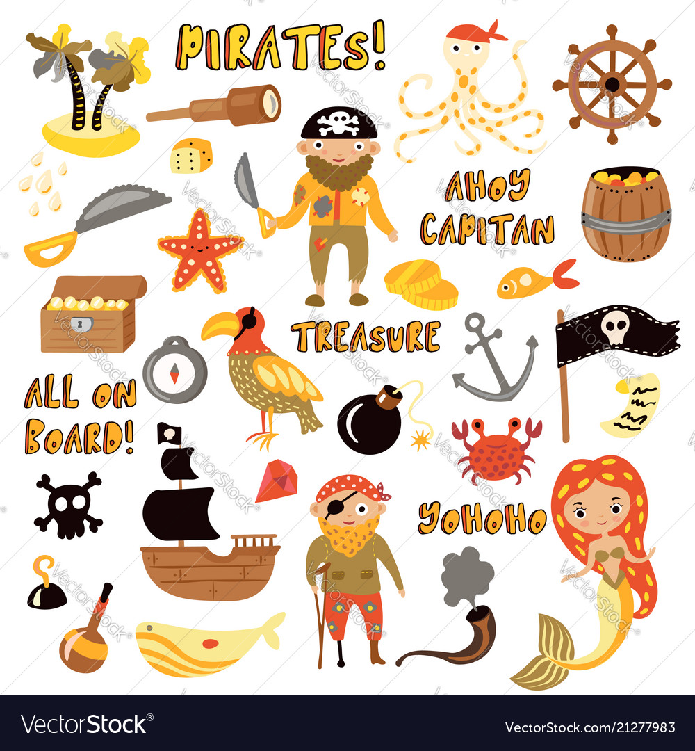 Set of pirates cartoon objects adventures vector image Set of pirates cartoon objects adventures