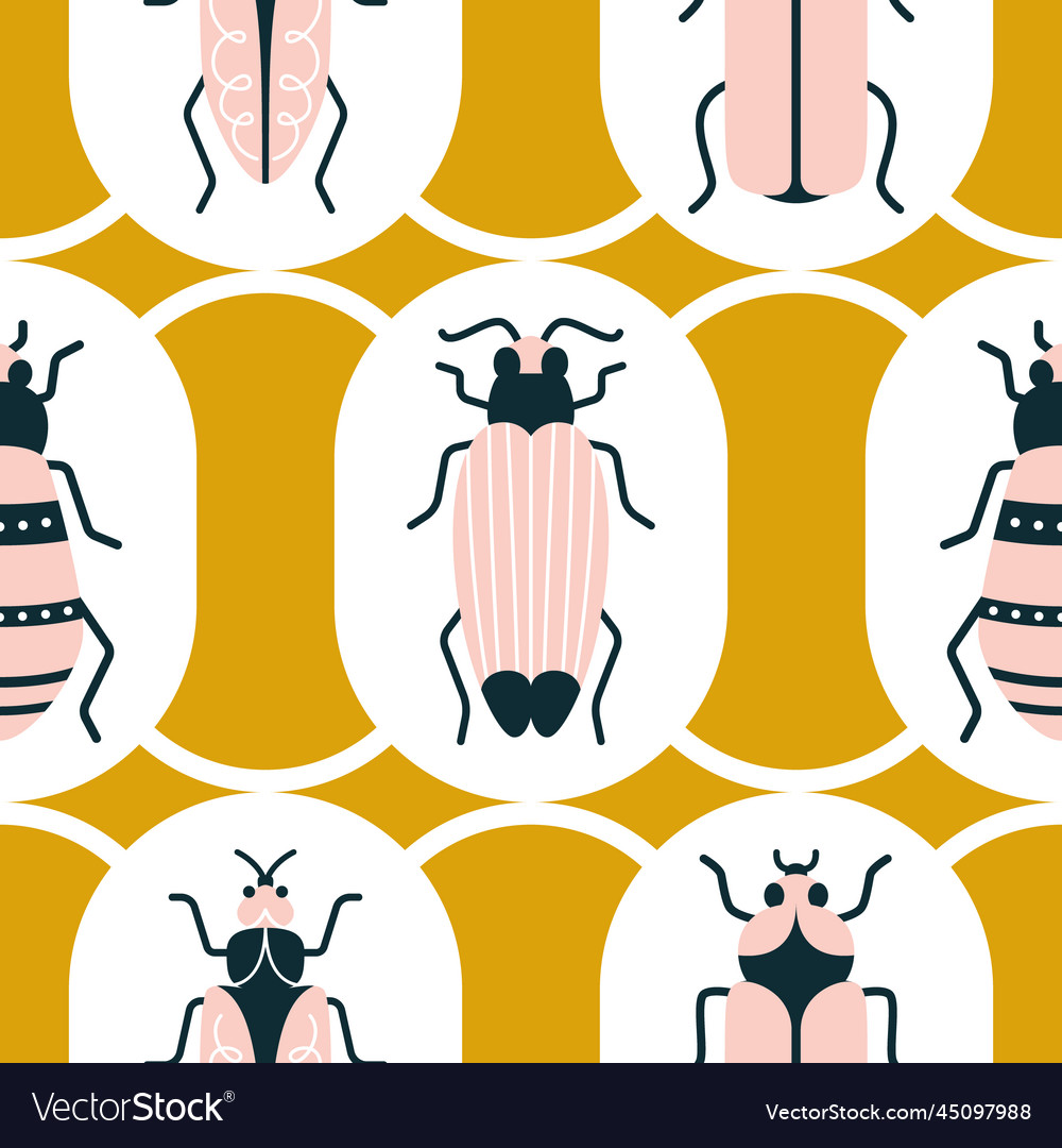 Cute pink bugs in geometric shapes on a yellow