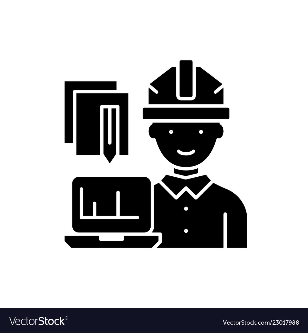 Engineer and computer black icon sign