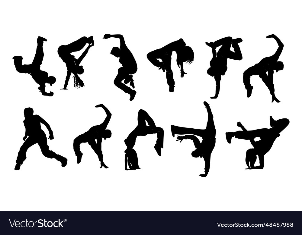 Set of break dancer silhouettes isolated vector image Set of break dancer silhouettes isolated
