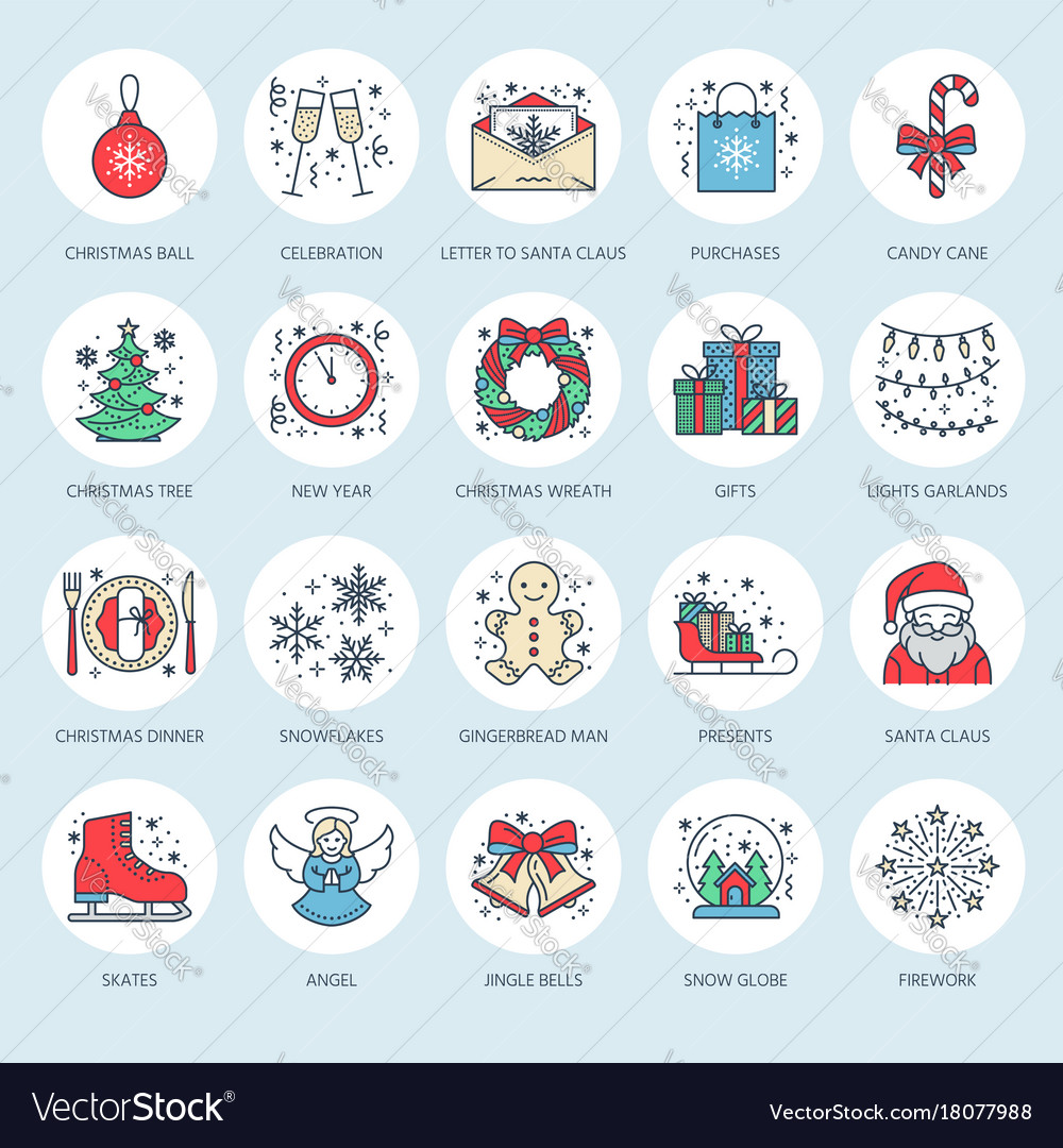 Year flat line icons winter