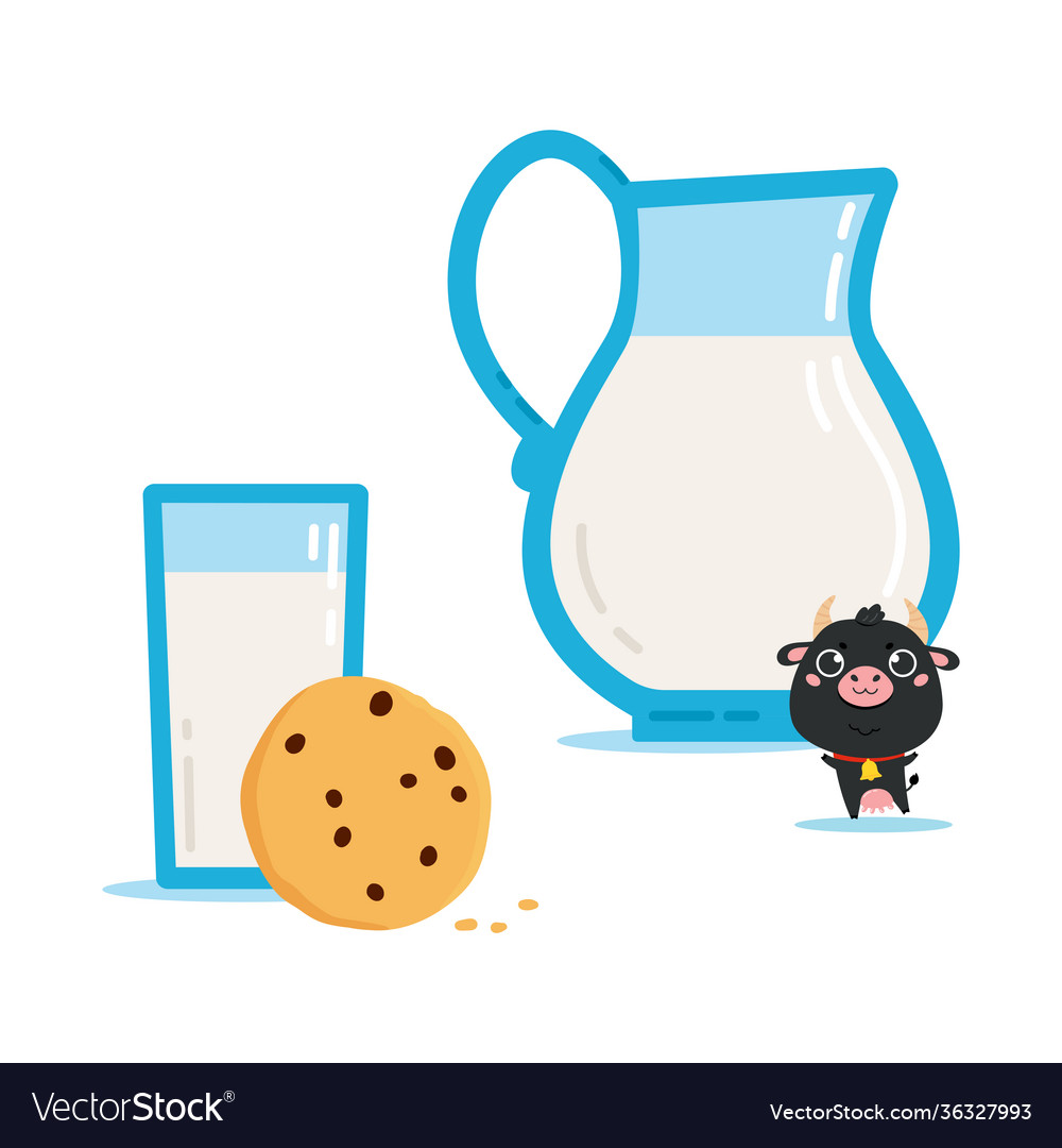 Cow with jug and glass milk cookies