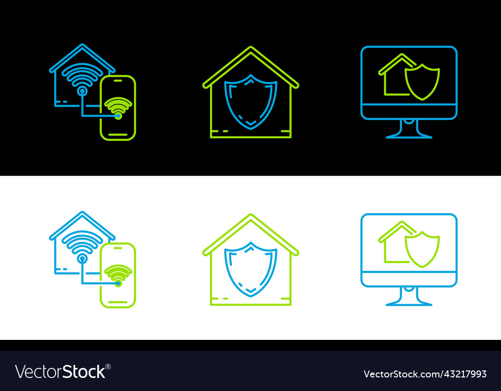 Set line computer monitor with house under vector image Set line computer monitor with house under