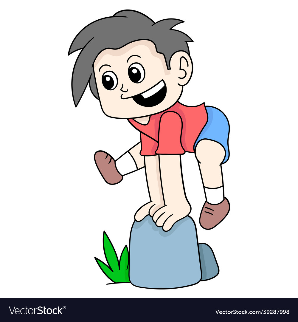 Boy is on vacation playing jumping over rocks Vector Image