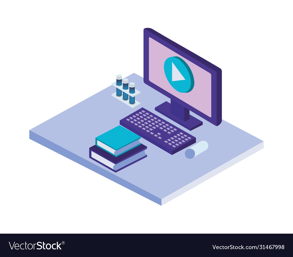 Desktop with text books isometric icons Royalty Free Vector