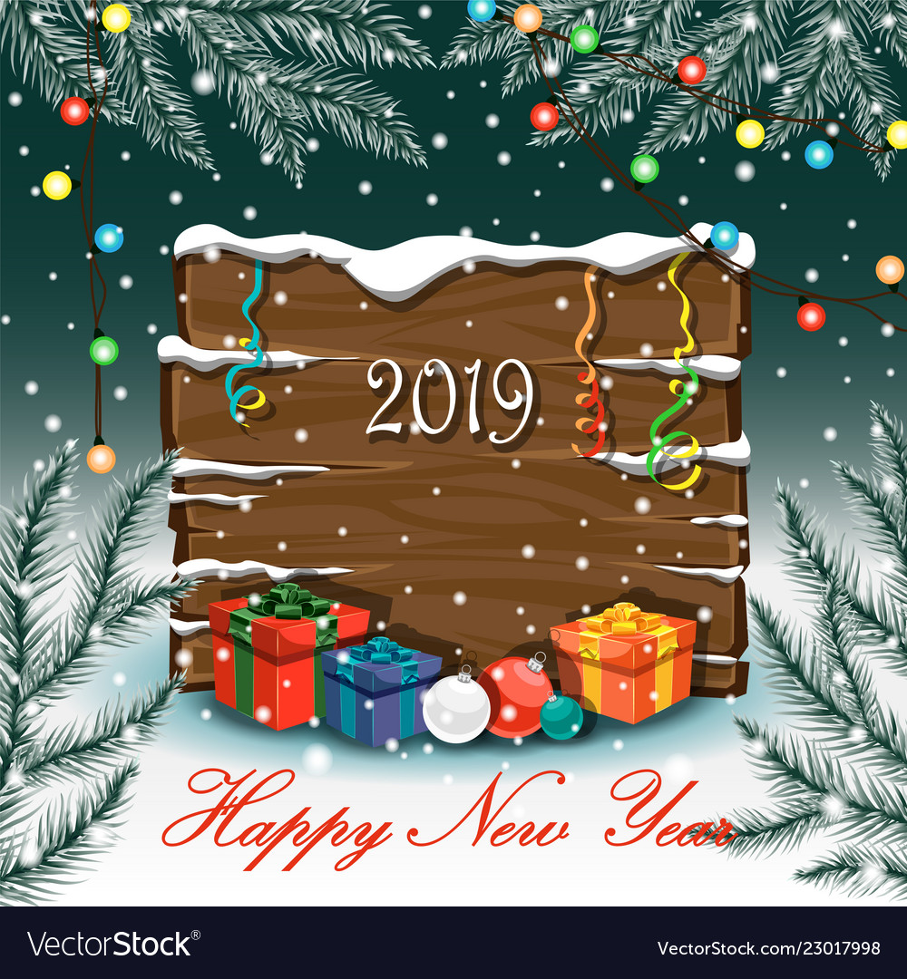 New Year Tree Branches Board And Holiday Gifts Vector Image