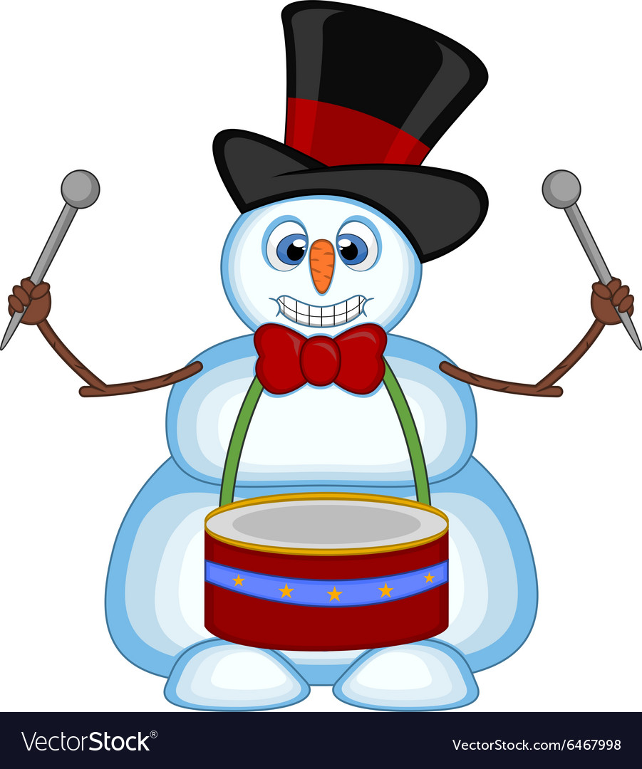 Snowman playing drums wearing a hat and bow ties Vector Image