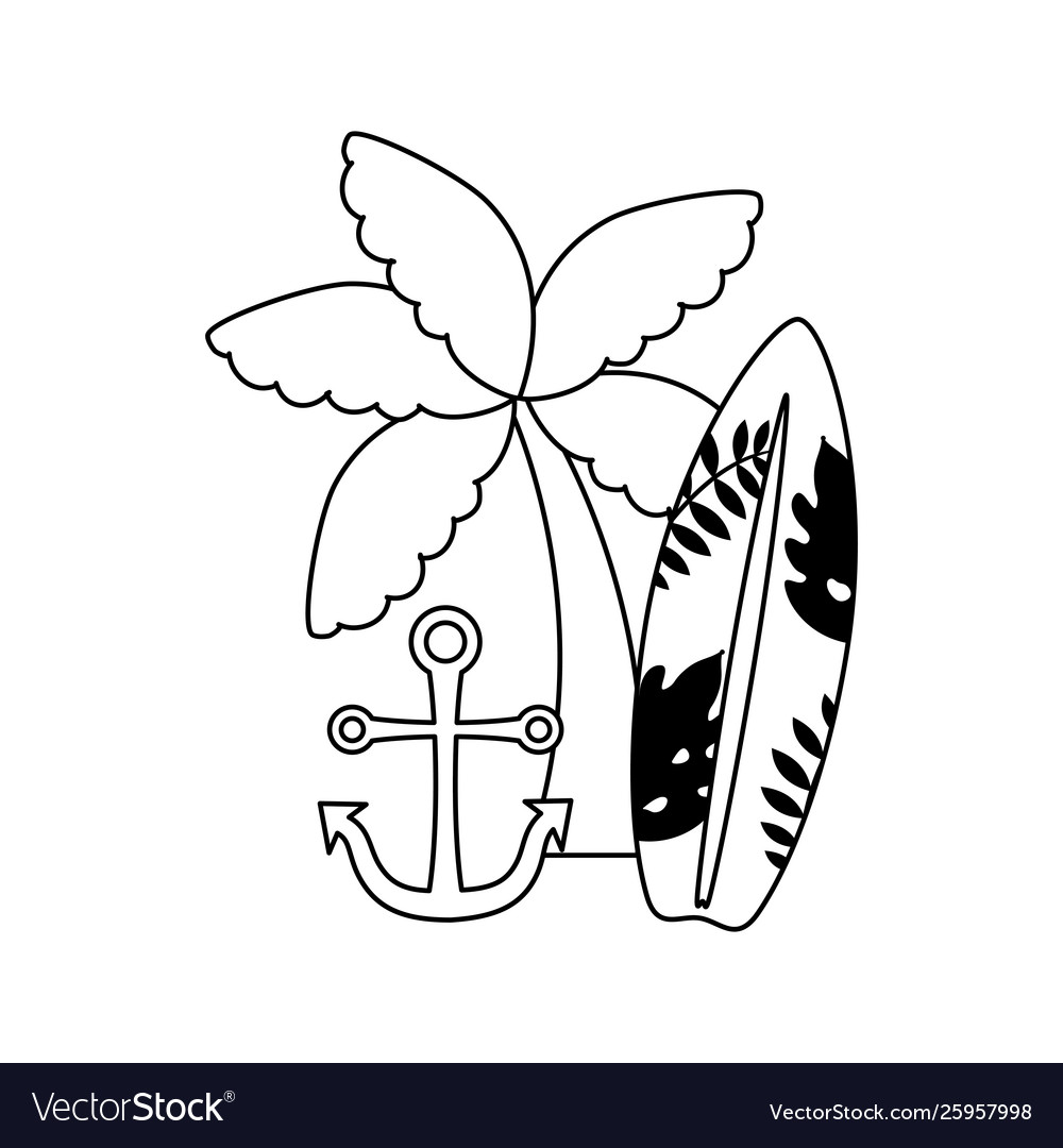 Surfboard with tropical palm and anchor Royalty Free Vector