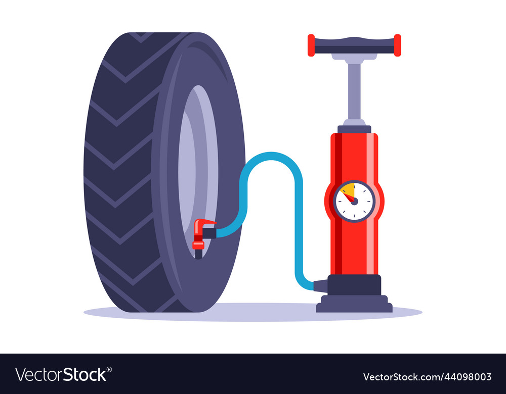 A red pump inflates car wheel