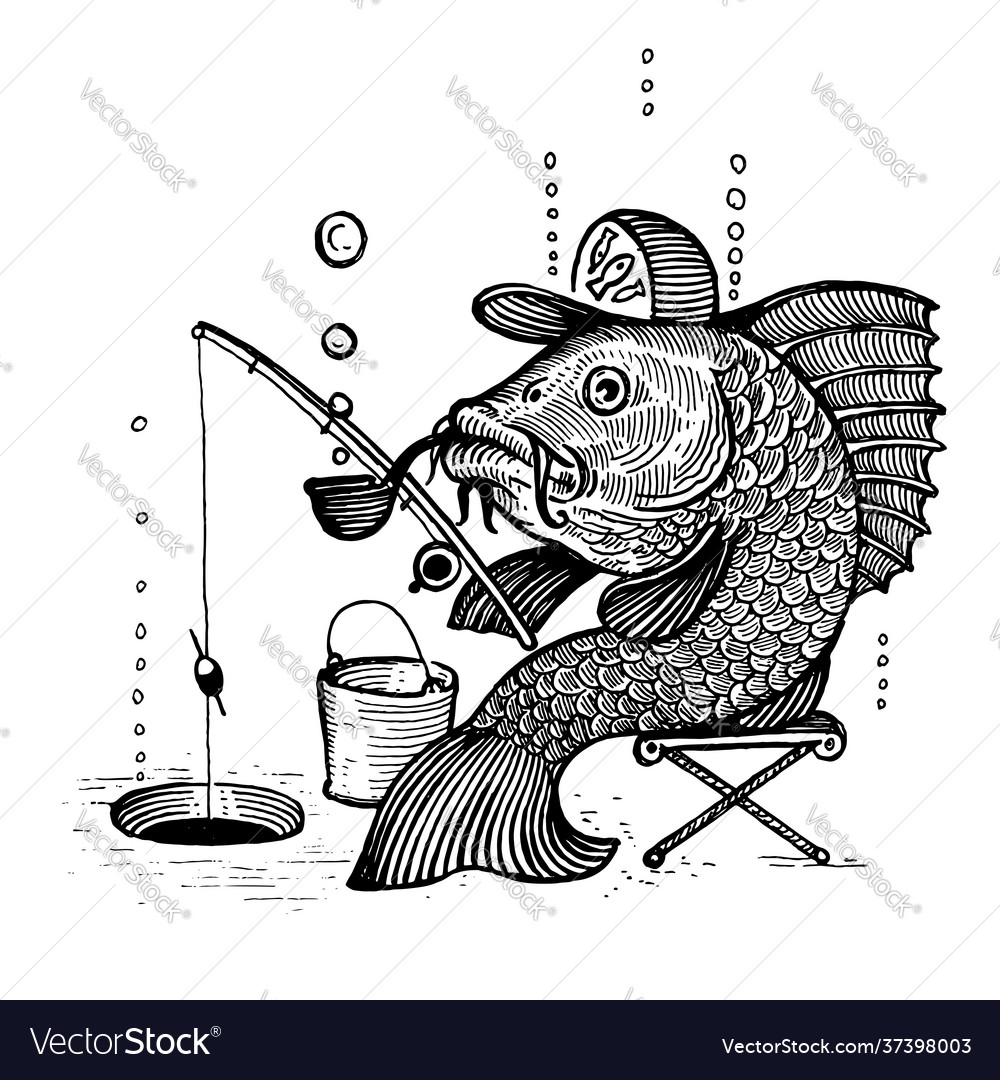 Fish with a cap and a smoking pipe is fishing Vector Image
