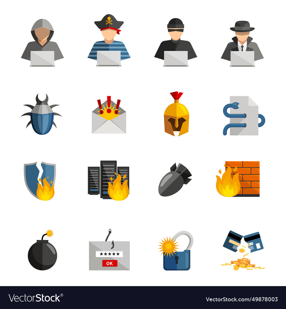 Hacker flat color icons set vector image Hacker flat color icons set