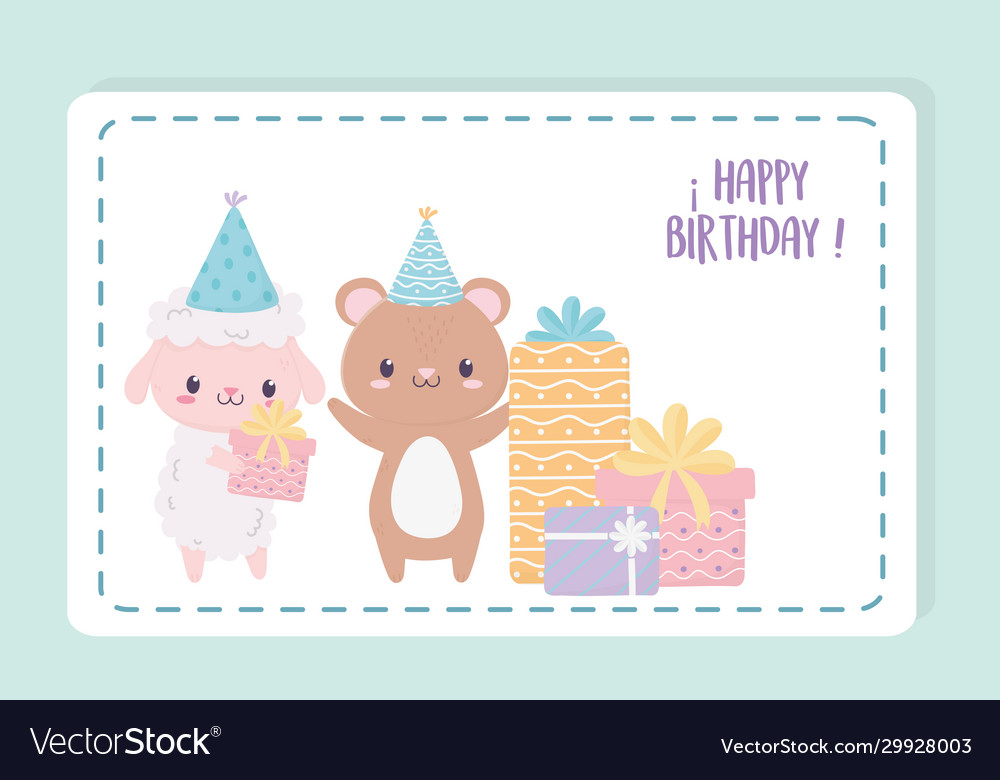 Happy birthday sheep bear with gifts and party