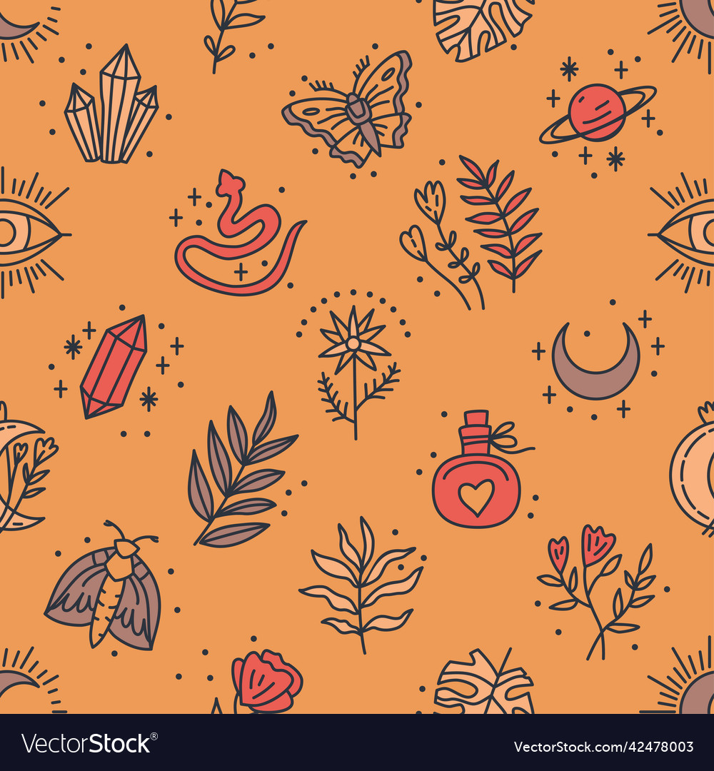 Seamless pattern of mystical and astrology objects vector image Seamless pattern of mystical and astrology objects