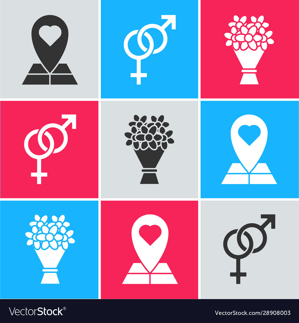 Set map pointer with heart gender and bouquet