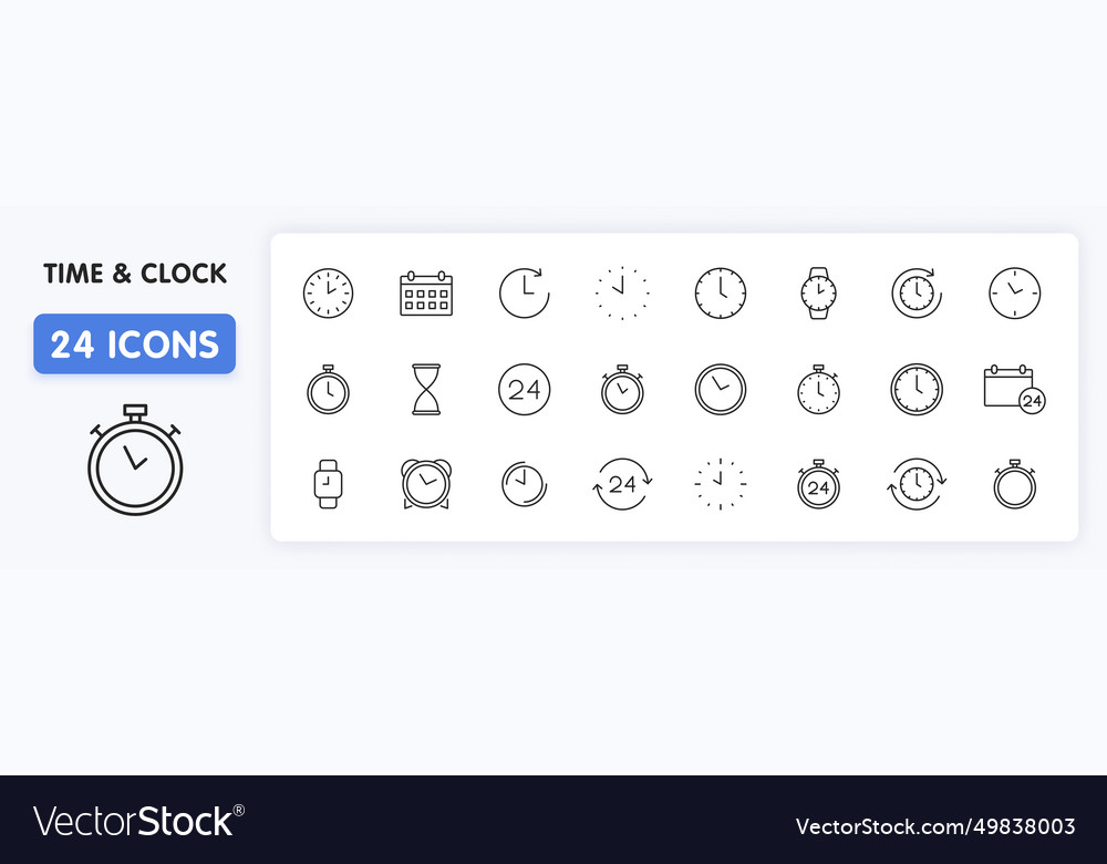 Set von 24 Zeit- und Uhr-Web-Symbolen im Linienstil