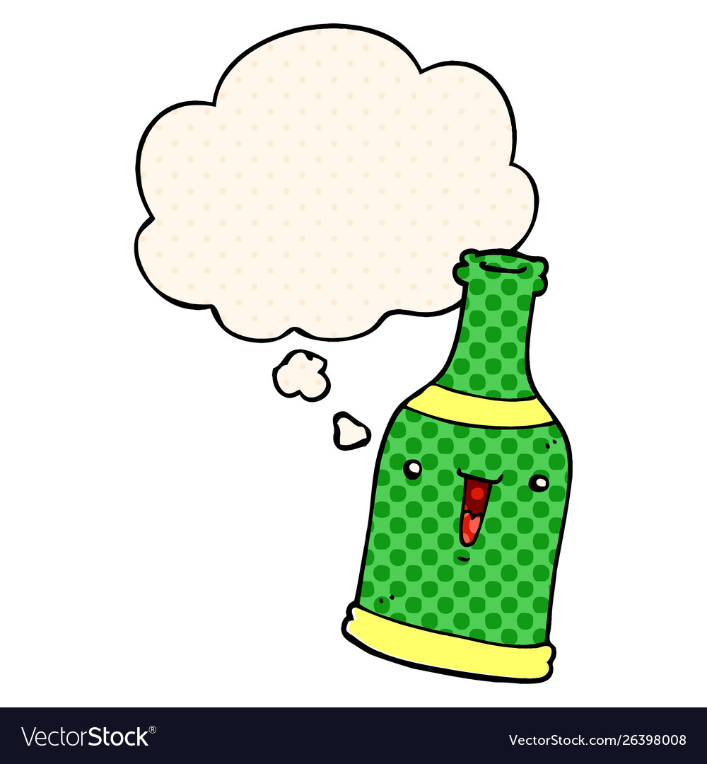 Cartoon beer bottle and thought bubble in comic