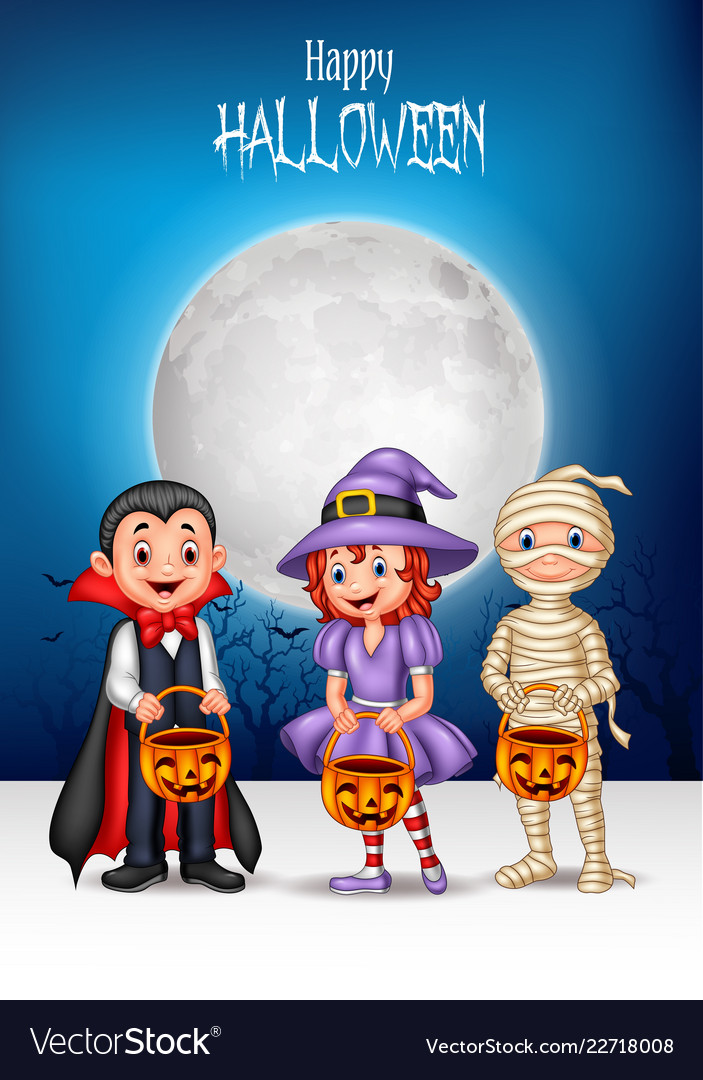 Cartoon kids with halloween costume holding