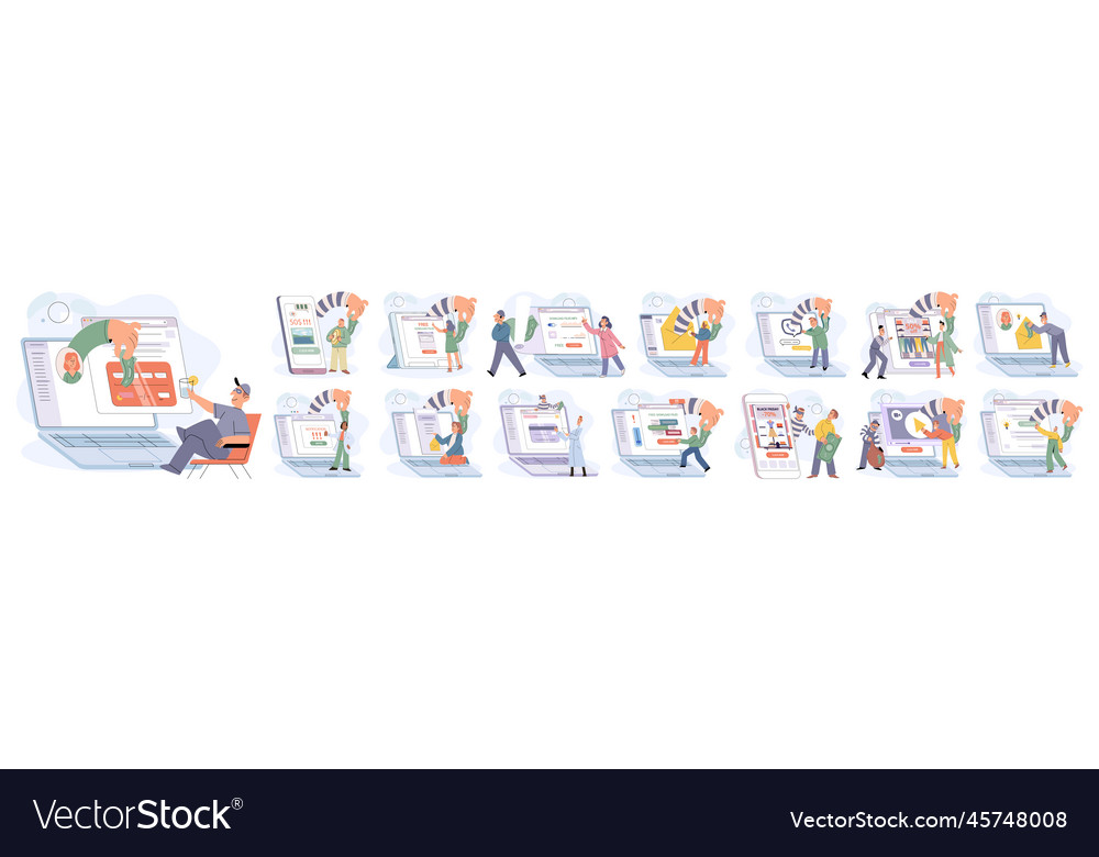 Hacker activity big set hacking computer vector image Hacker activity big set hacking computer